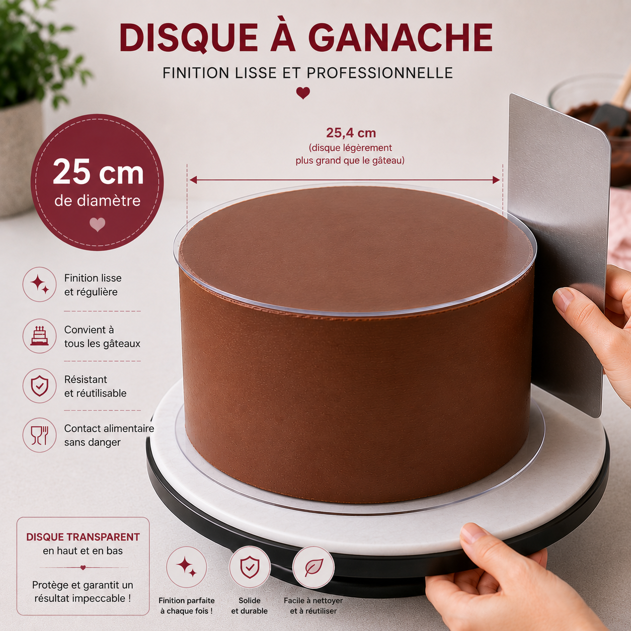 88844dd1-ca1c-4703-a3c5-3541766ef830 Disque à ganache diamètre 25cm+ cake dowel en acrylique et scraper 25cm – Image 1
