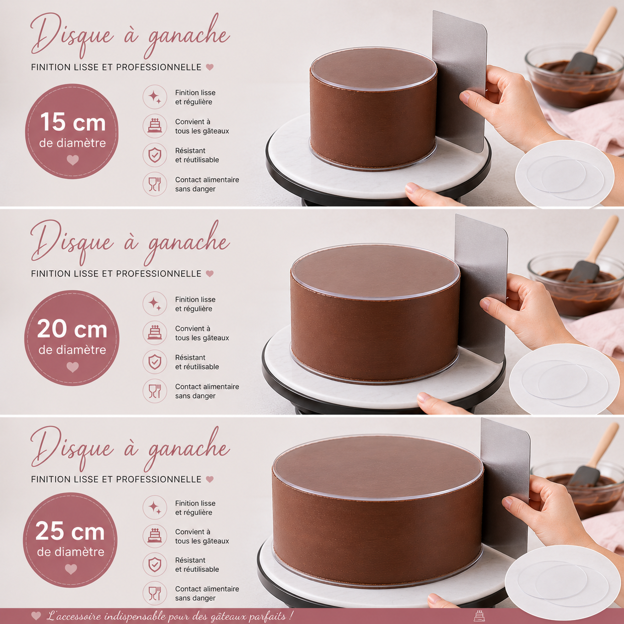 ab74318a-a8db-46d3-8da5-dd4bc304f664 Lot de Disques à ganache diamètre 15 - 20 et 25cm + cake dowels en acrylique – Image 1