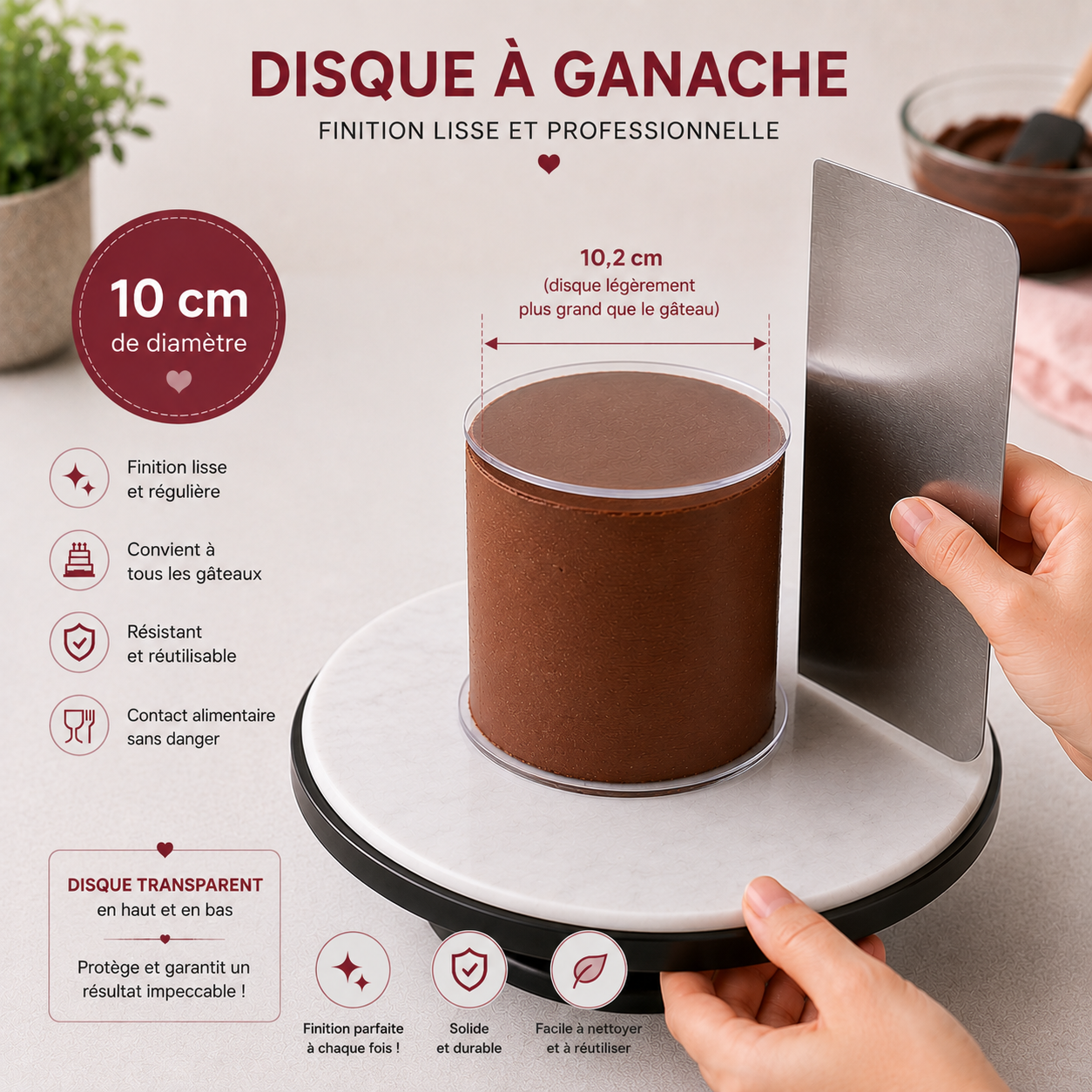 e9a89ae4-1cde-434d-baf2-bb601a3ddced Disque à ganache diamètre 10cm + cake dowels en acrylique 25cm – Image 1